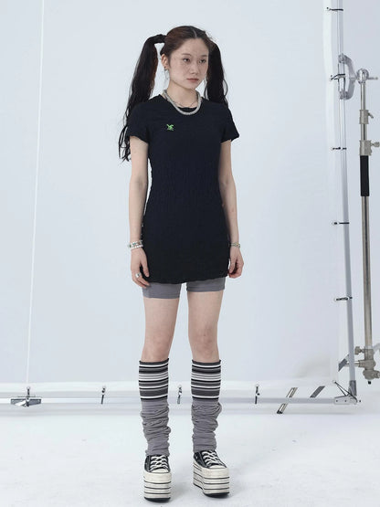 Summer Black Cropped Bubble Sleeve T-shirt Round Neck Top