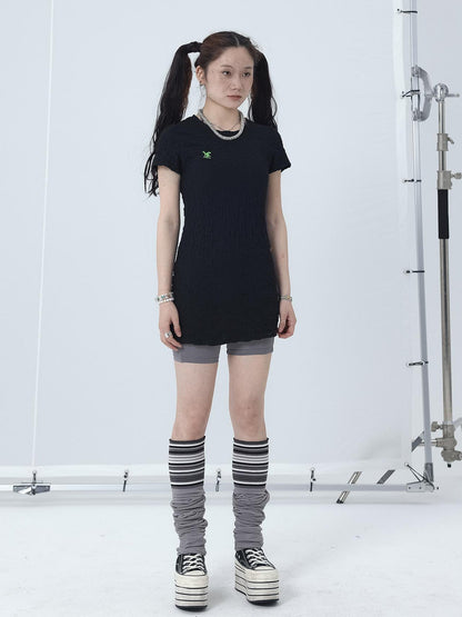 Achihara Summer Black Cropped Bubble Sleeve T-shirt Round Neck Top