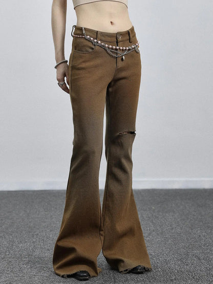 Summer Breeze Wide Leg Pants Yellow Green Distressed