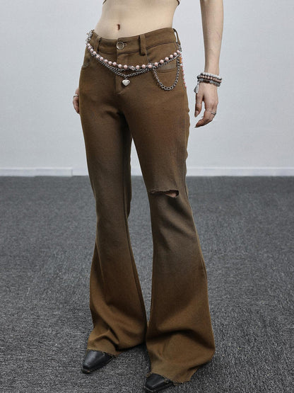 Achihara Summer Breeze Wide Leg Pants Yellow Green Distressed