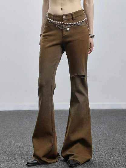 Summer Breeze Wide Leg Pants Yellow Green Distressed