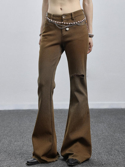 Achihara Summer Breeze Wide Leg Pants Yellow Green Distressed