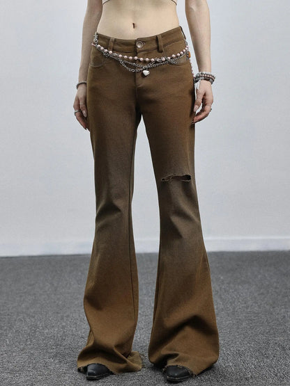 Summer Breeze Wide Leg Pants Yellow Green Distressed