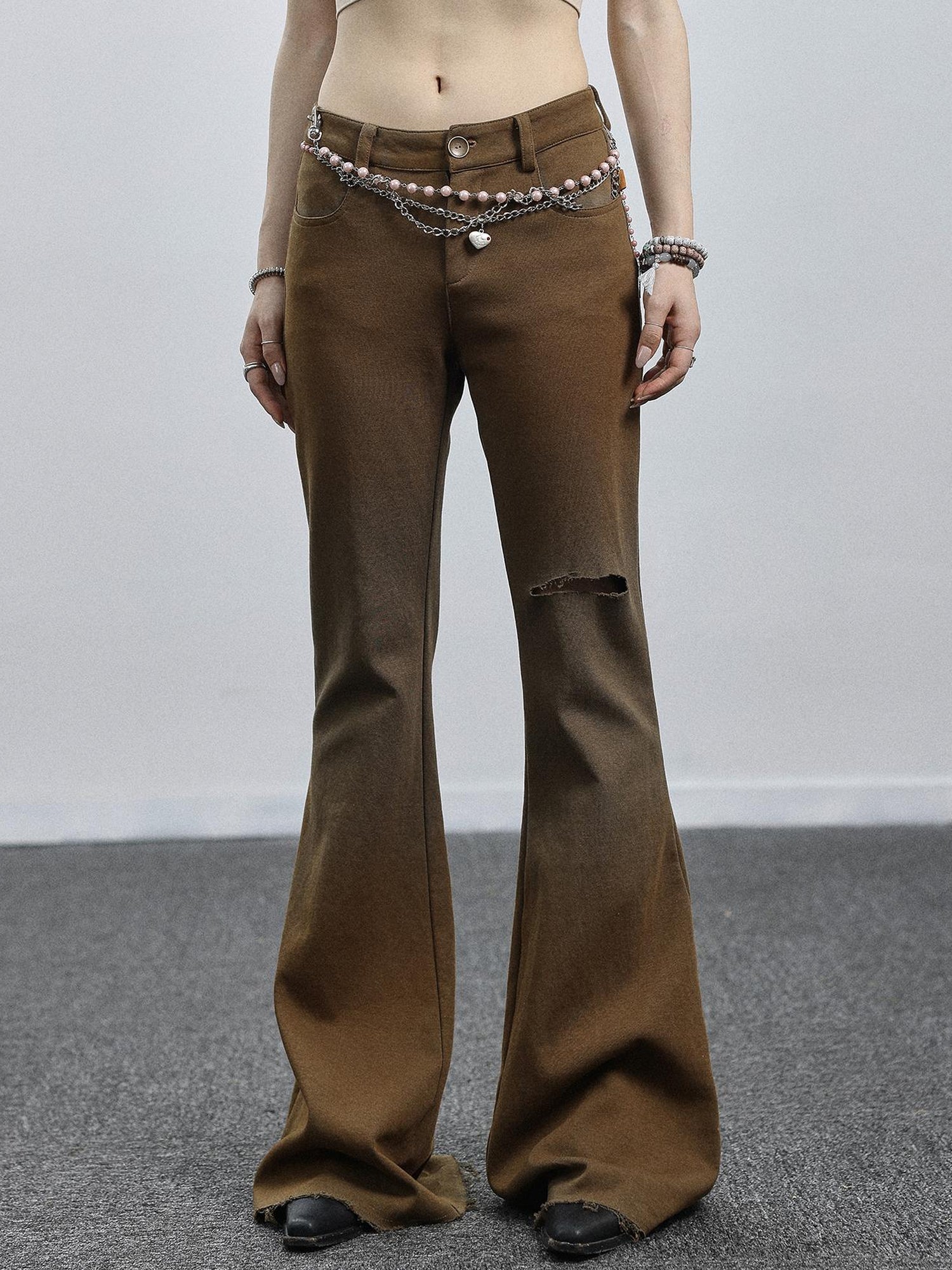 Achihara Summer Breeze Wide Leg Pants Yellow Green Distressed