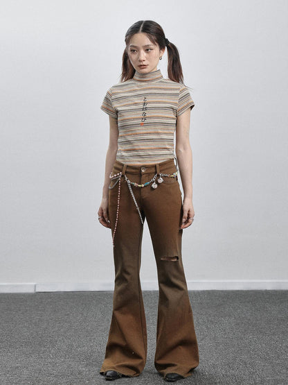 Achihara Summer Breeze Wide Leg Pants Yellow Green Distressed
