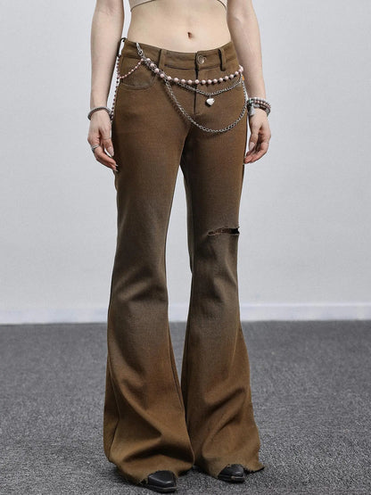 Summer Breeze Wide Leg Pants Yellow Green Distressed