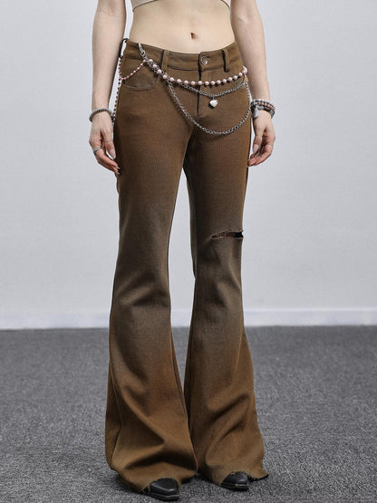 Achihara Summer Breeze Wide Leg Pants Yellow Green Distressed