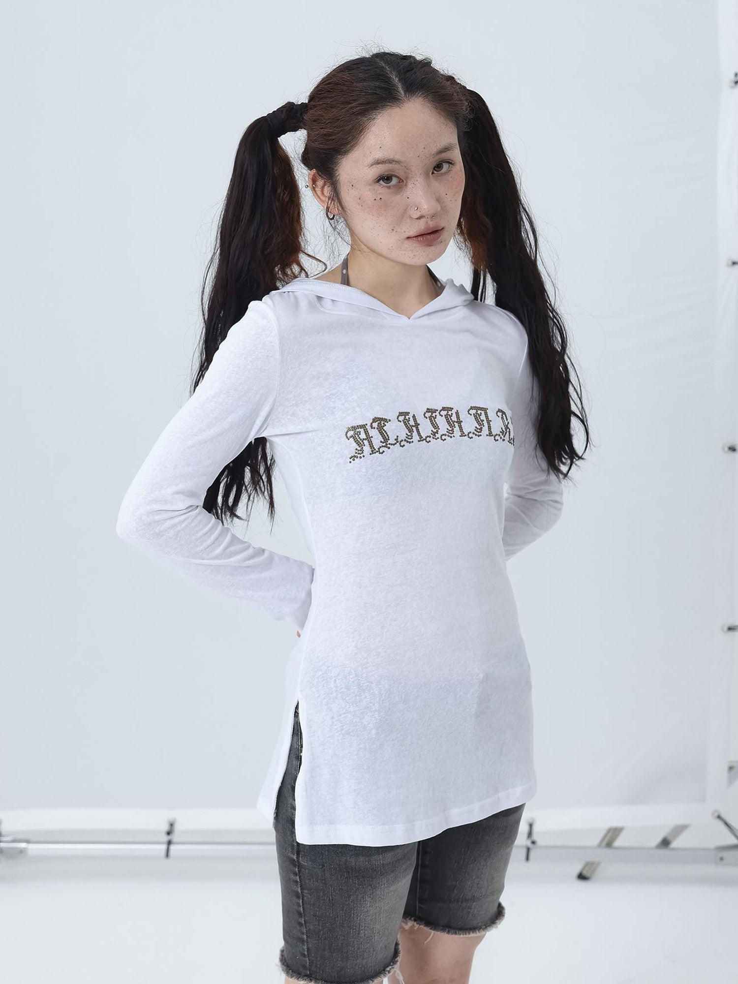 Achihara Summer Cool Long Sleeve Hooded Split Hem T Shirt