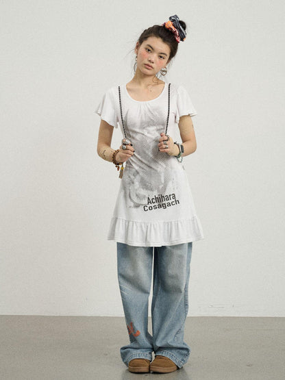 Achihara Summer Dream White Ruffle Hem T-shirt Dress