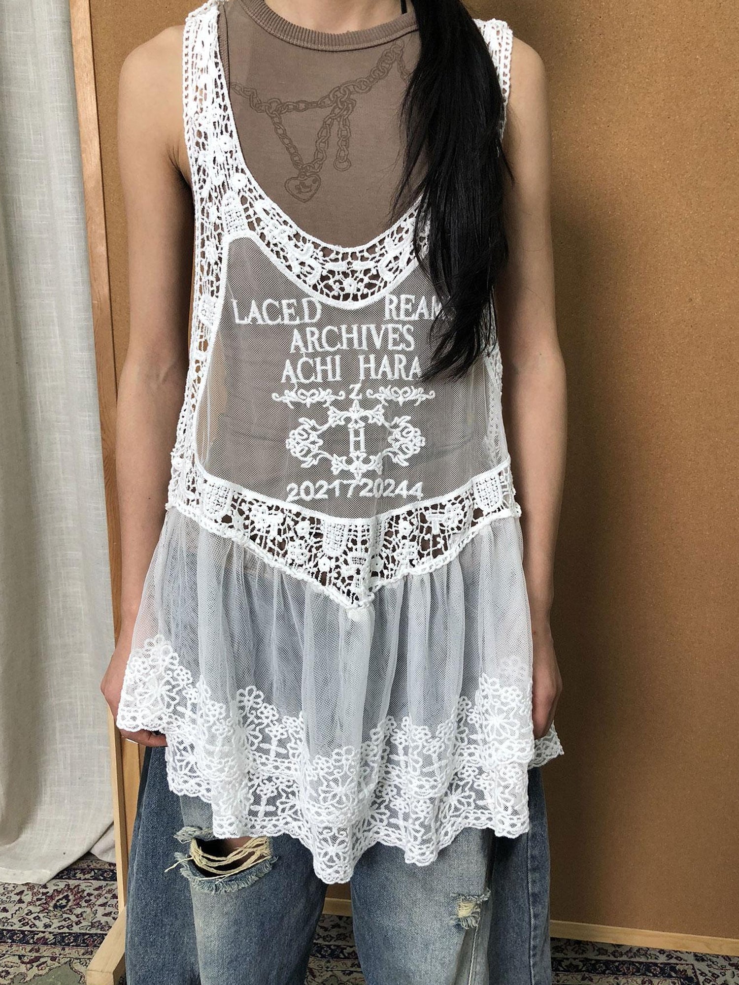 Achihara Summer Lace Strap Dress With Double Layer Hem
