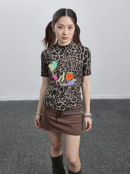Achihara Summer Leopard Print Silk Blouse