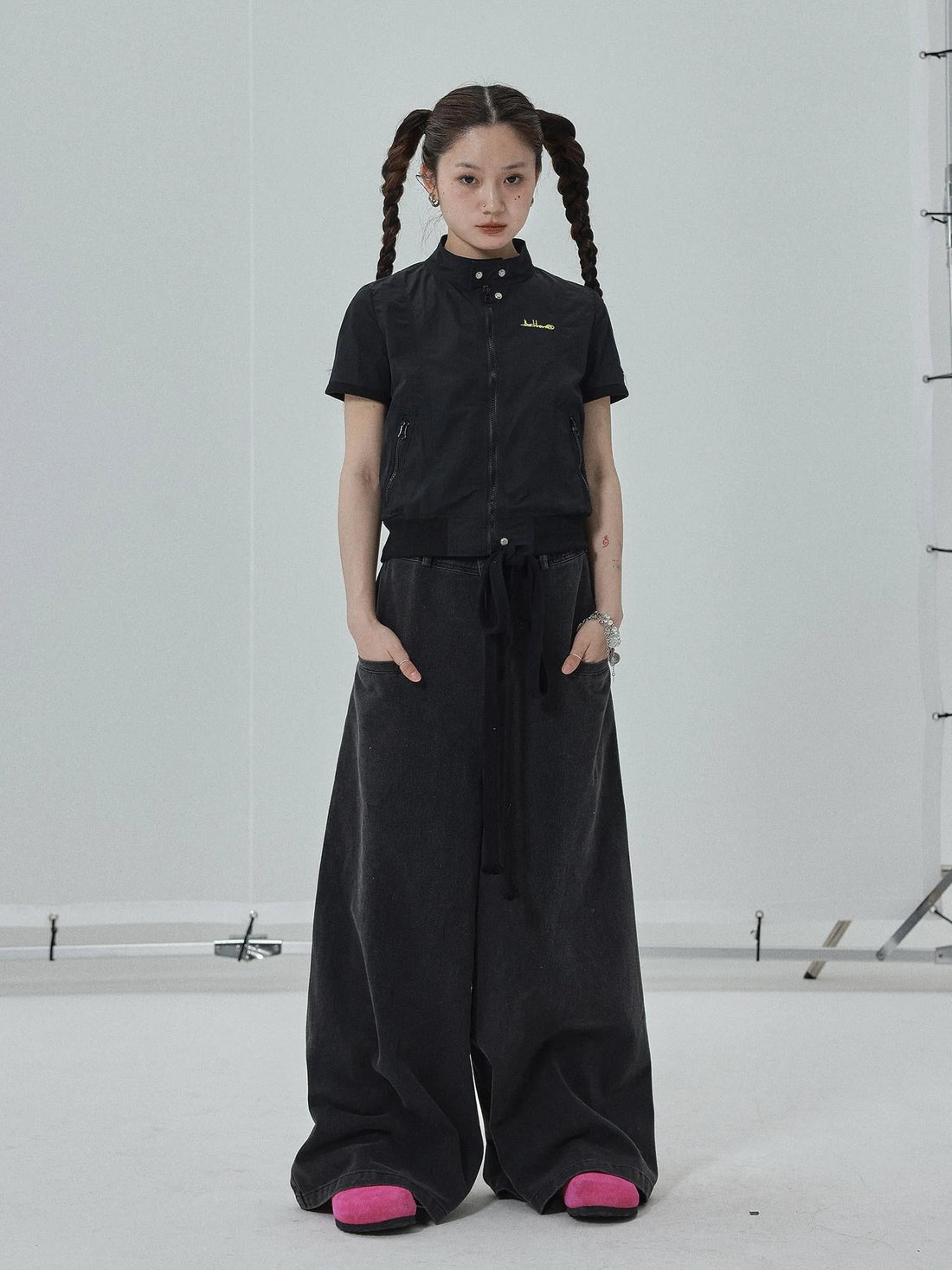 Summer Stand Collar Shirt Jacket In Black &amp; White