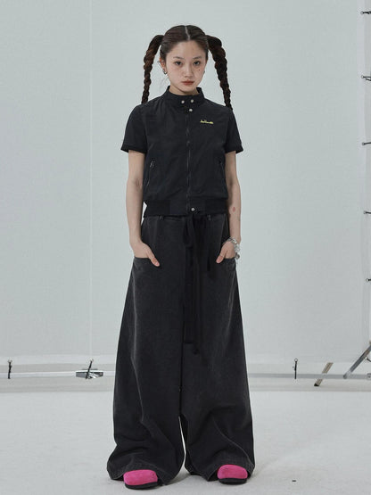 Summer Stand Collar Shirt Jacket In Black &amp; White