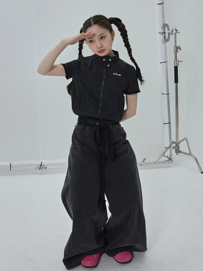 Summer Stand Collar Shirt Jacket In Black &amp; White