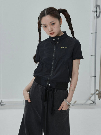 Summer Stand Collar Shirt Jacket In Black &amp; White