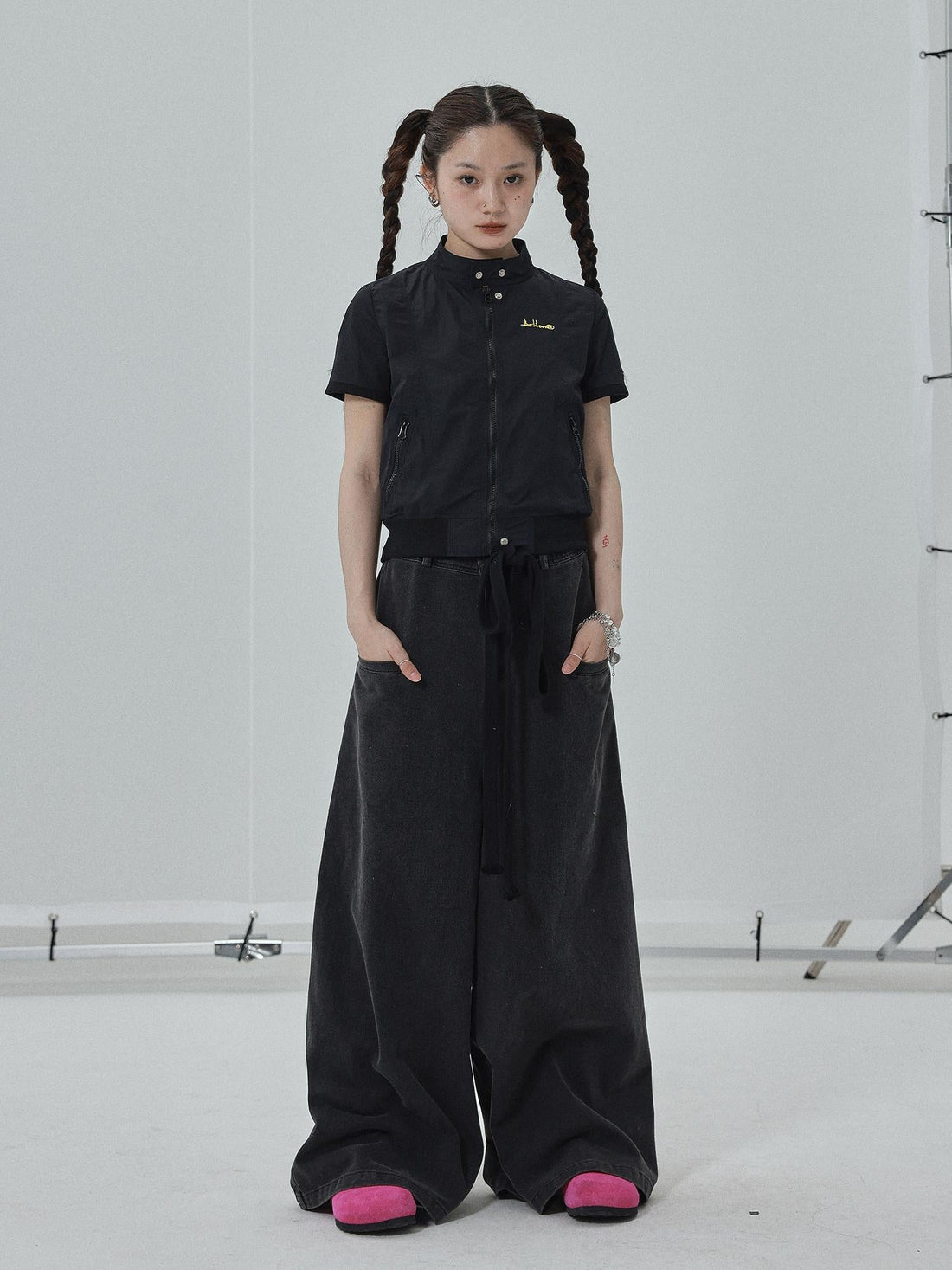 Achihara Summer Stand Collar Shirt Jacket In Black &amp; White
