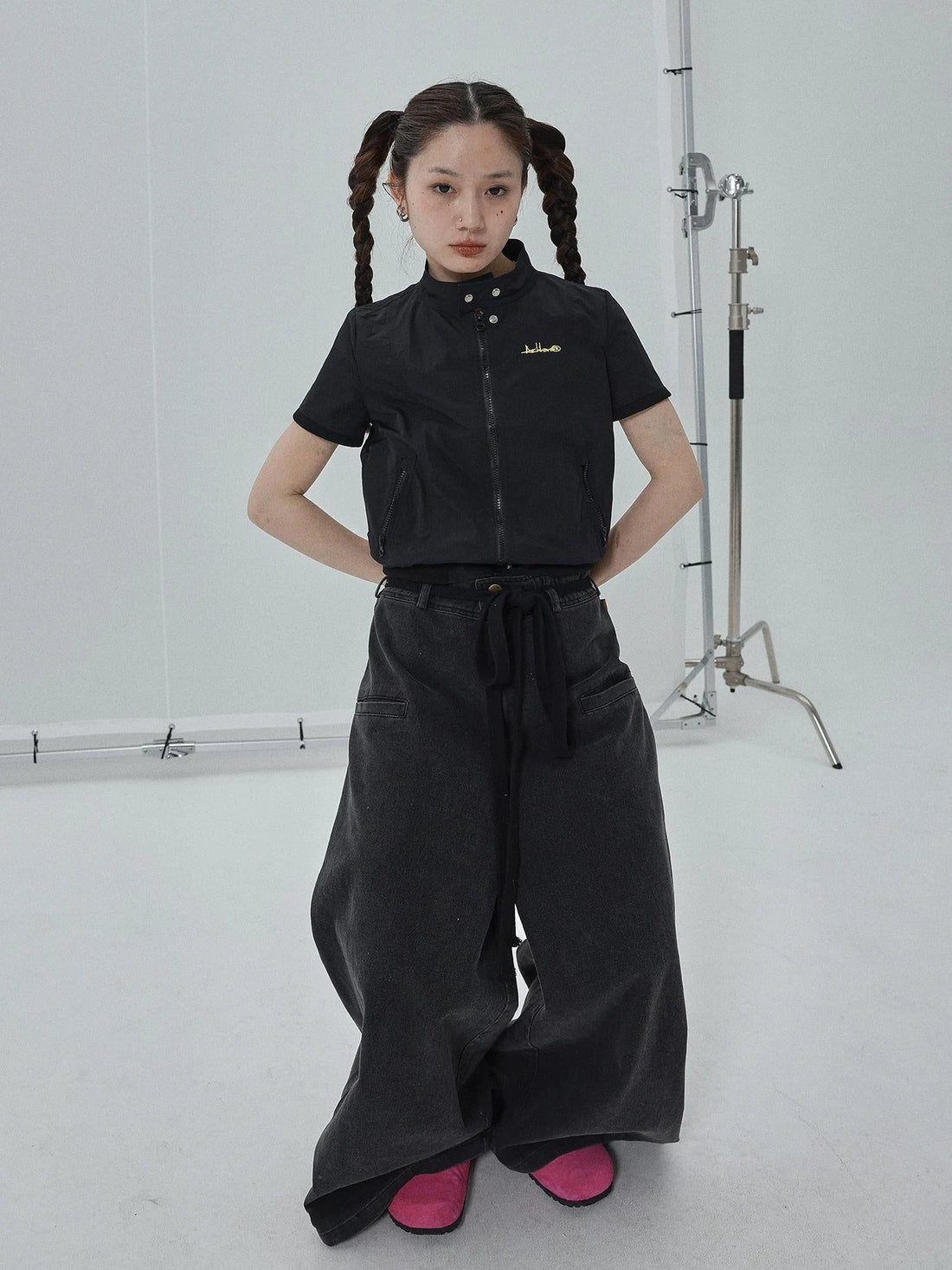 Summer Stand Collar Shirt Jacket In Black &amp; White