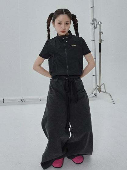 Summer Stand Collar Shirt Jacket In Black &amp; White