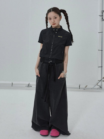 Summer Stand Collar Shirt Jacket In Black &amp; White