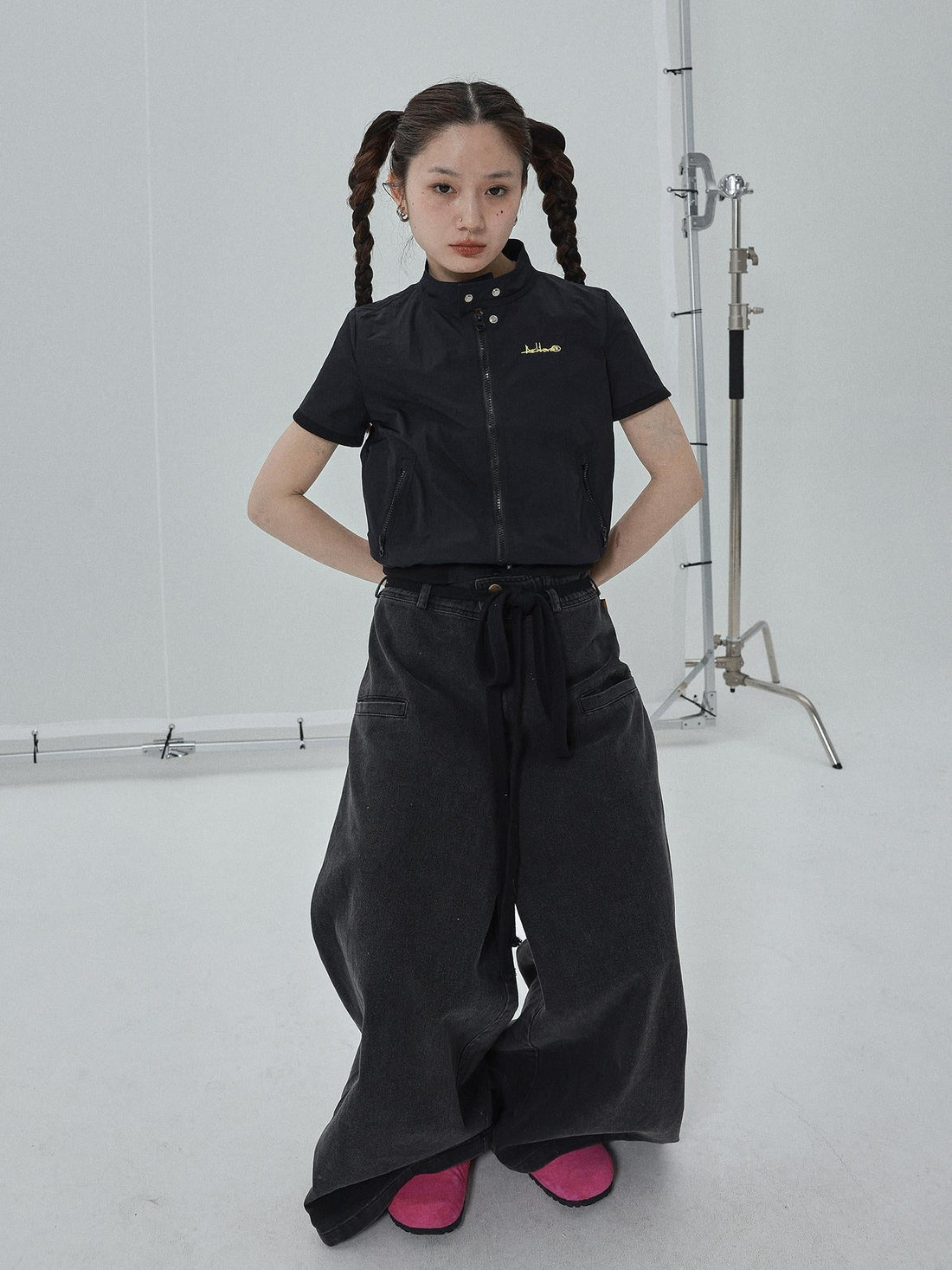 Achihara Summer Stand Collar Shirt Jacket In Black &amp; White