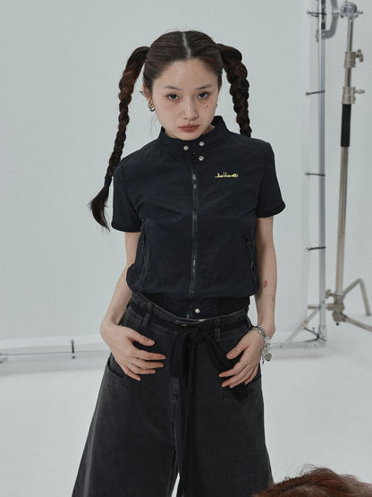 Summer Stand Collar Shirt Jacket In Black &amp; White