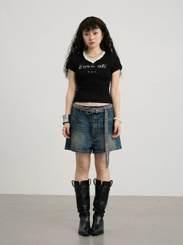 Achihara Summer V-neck Ruffle Cotton Tee-1