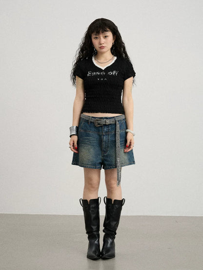 Achihara Summer V-neck Ruffle Cotton Tee-1