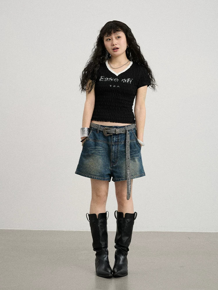 Achihara Summer V-neck Ruffle Cotton Tee-2