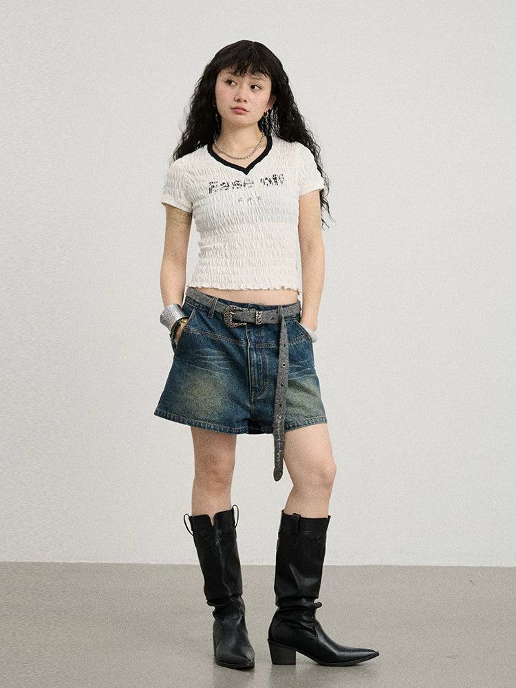 Achihara Summer V-neck Ruffle Cotton Tee-3