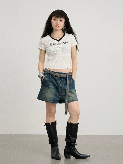 Achihara Summer V-neck Ruffle Cotton Tee-3
