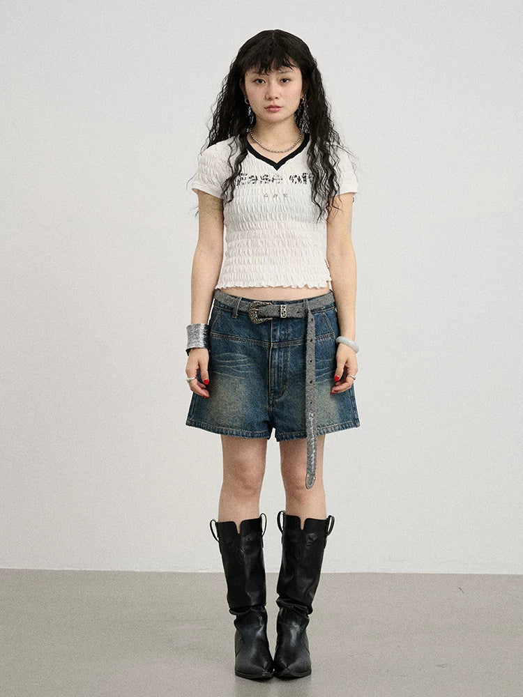 Achihara Summer V-neck Ruffle Cotton Tee-4