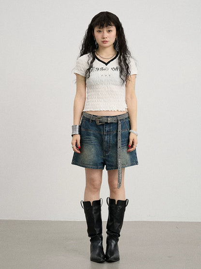 Achihara Summer V-neck Ruffle Cotton Tee-4