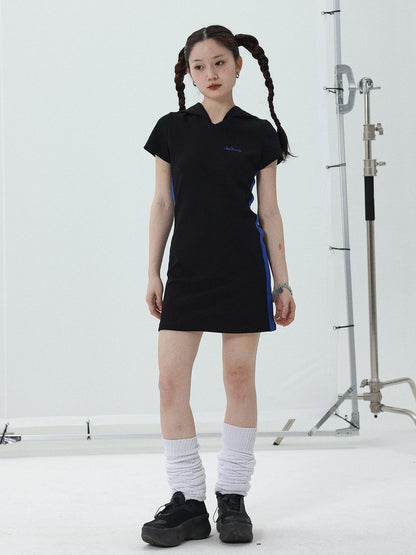 Achihara T-shirt Dress with Hood V-neck Slim Fit Black