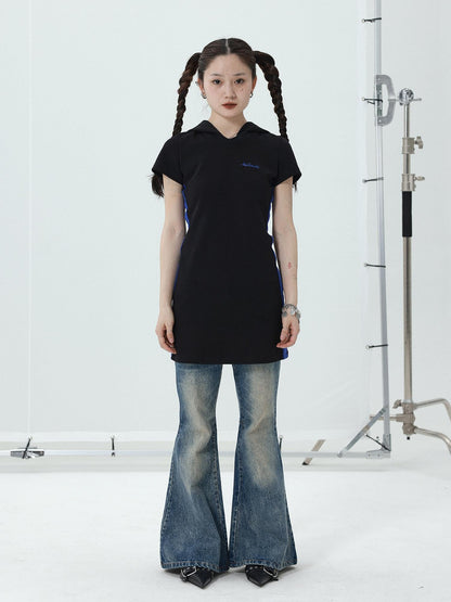 Achihara T-shirt Dress with Hood V-neck Slim Fit Black