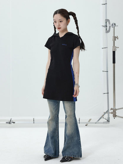Achihara T-shirt Dress with Hood V-neck Slim Fit Black