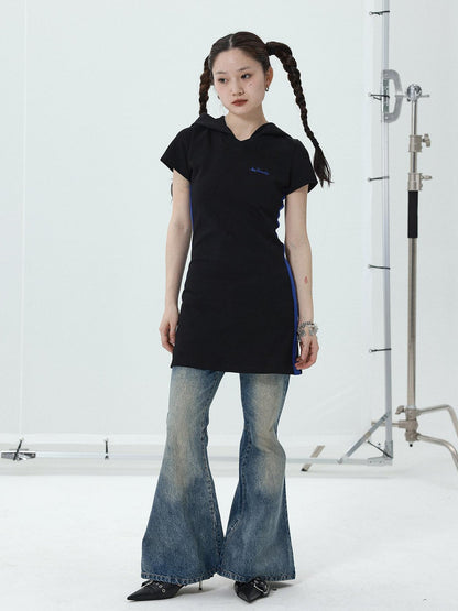 Achihara T-shirt Dress with Hood V-neck Slim Fit Black