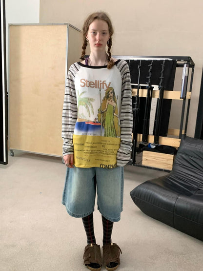 Achihara Tarot Print One Shoulder Striped Splice Women&