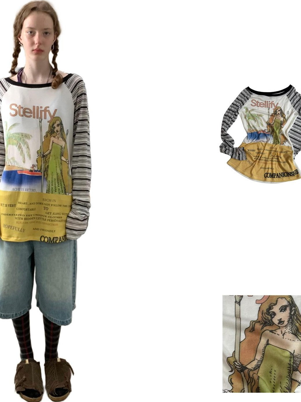 Achihara Tarot Print One Shoulder Striped Splice Women&