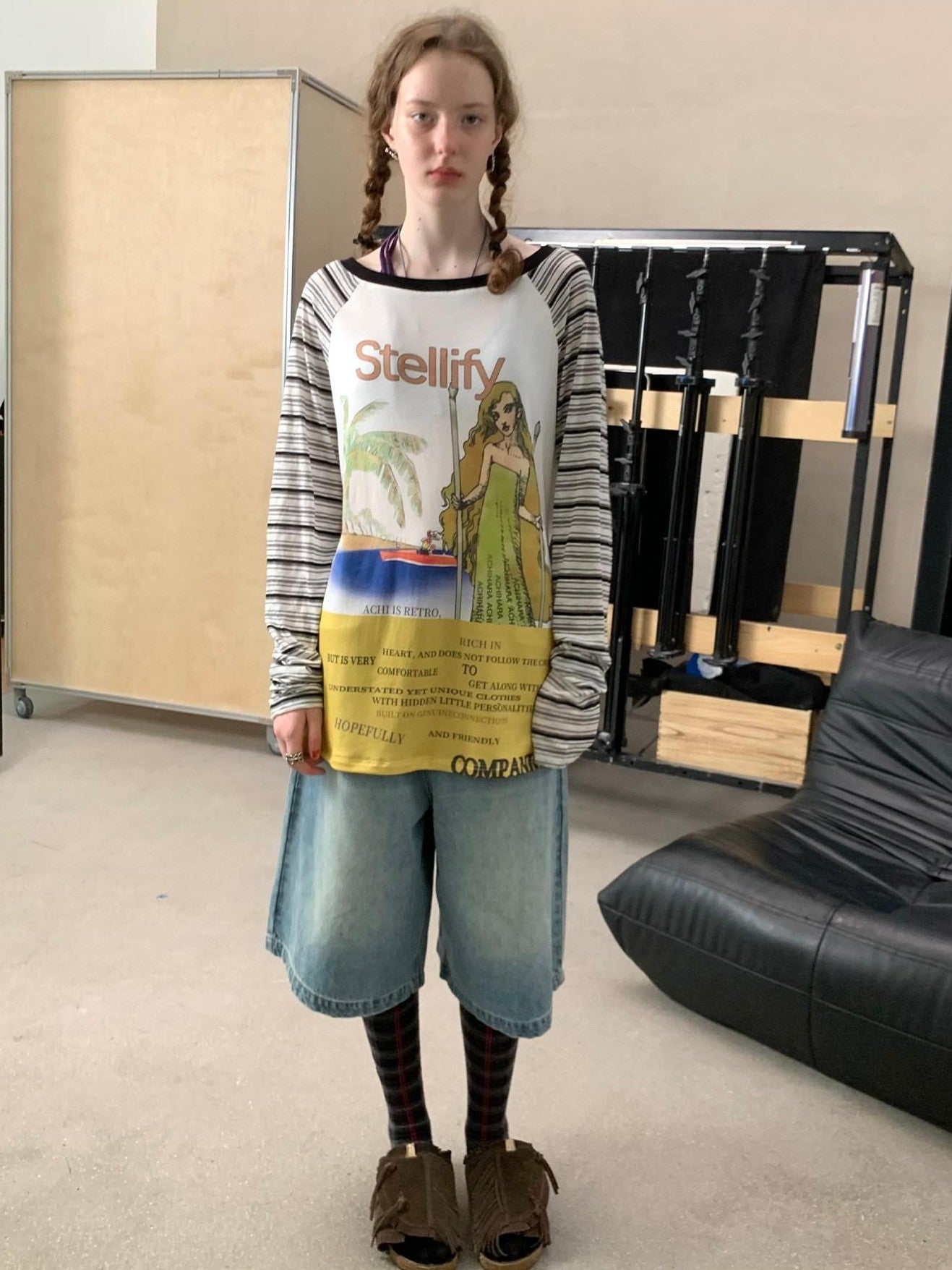 Achihara Tarot Print One Shoulder Striped Splice Women&
