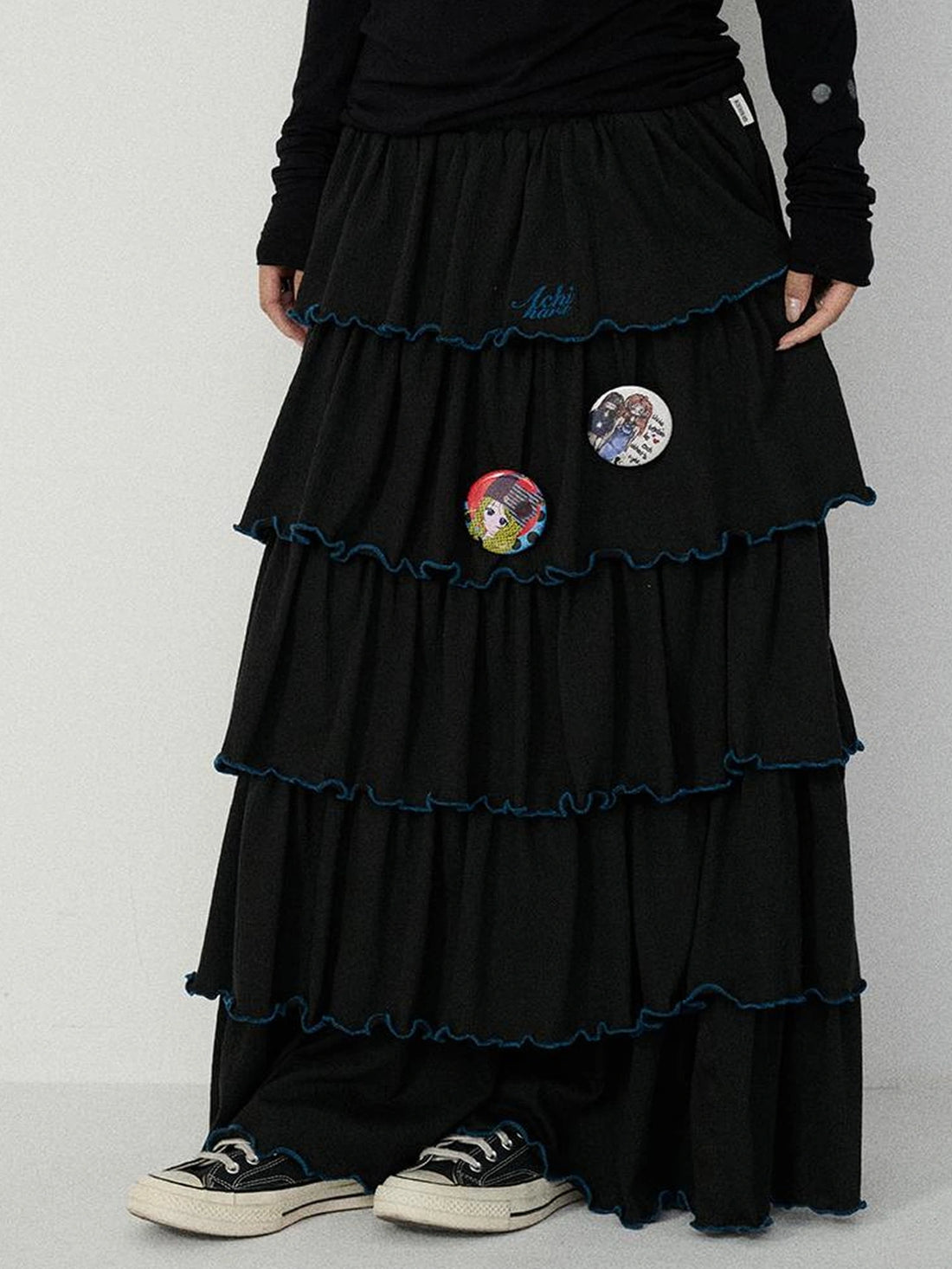 Achihara Tiered Pleated Mid Rise Relaxed Fit Women Work Casual Poly Cotton Maxi Skirt