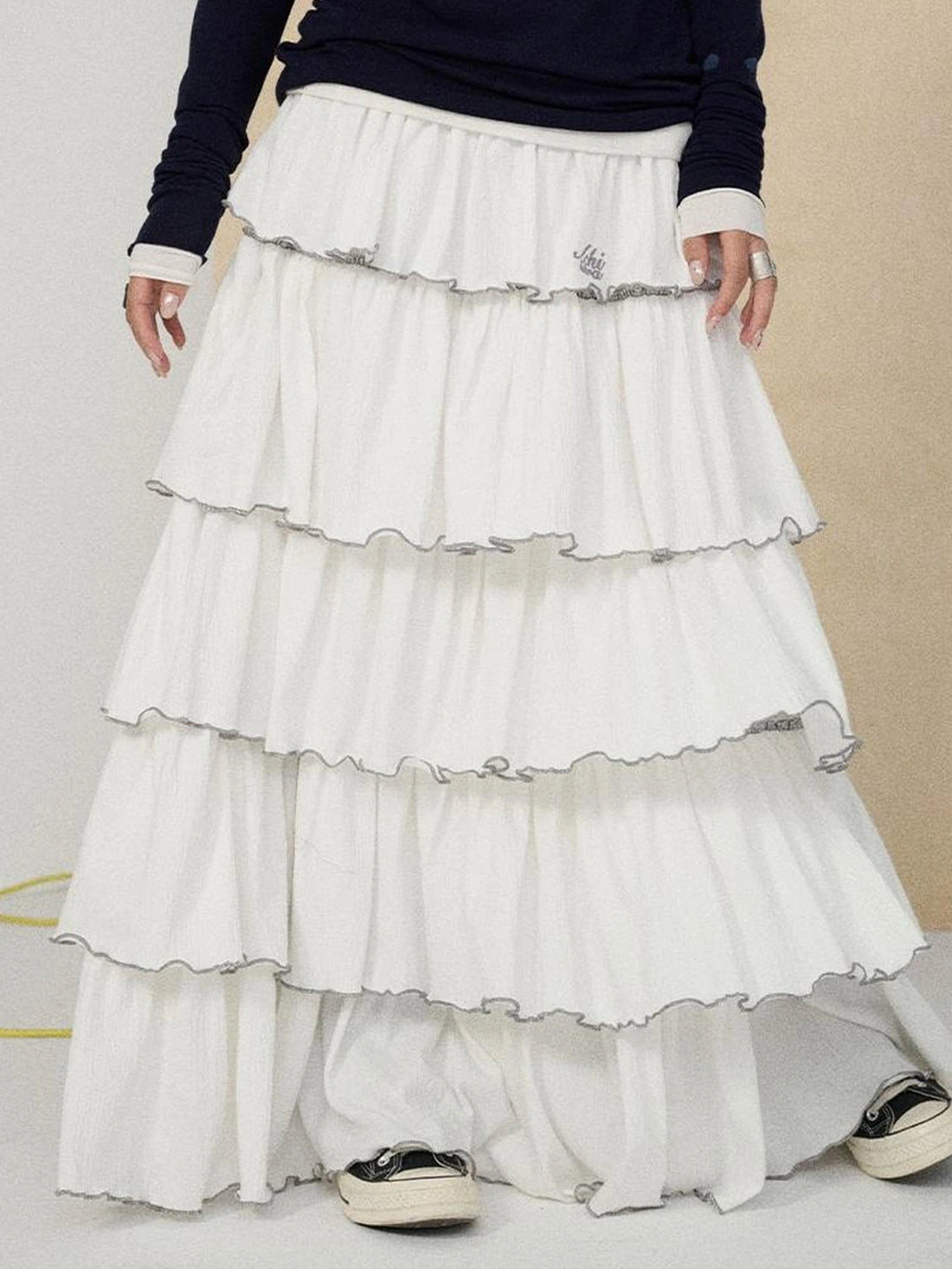 Achihara Tiered Pleated Mid Rise Relaxed Fit Women Work Casual Poly Cotton Maxi Skirt