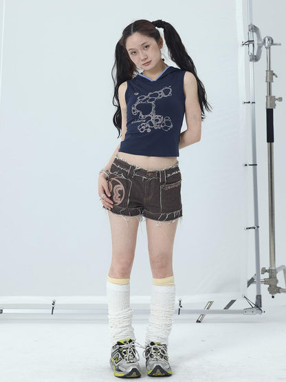 Achihara Tropical Fish Rhinestone Sleeveless Crop Top