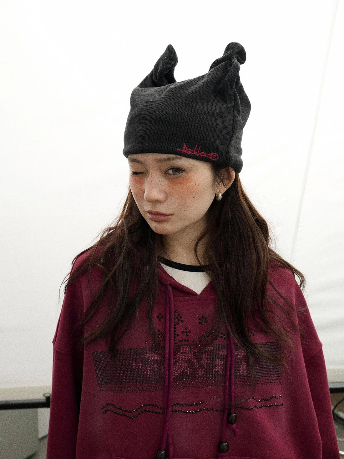Twist Ear Knit Cap With Adjustable Cat Ears