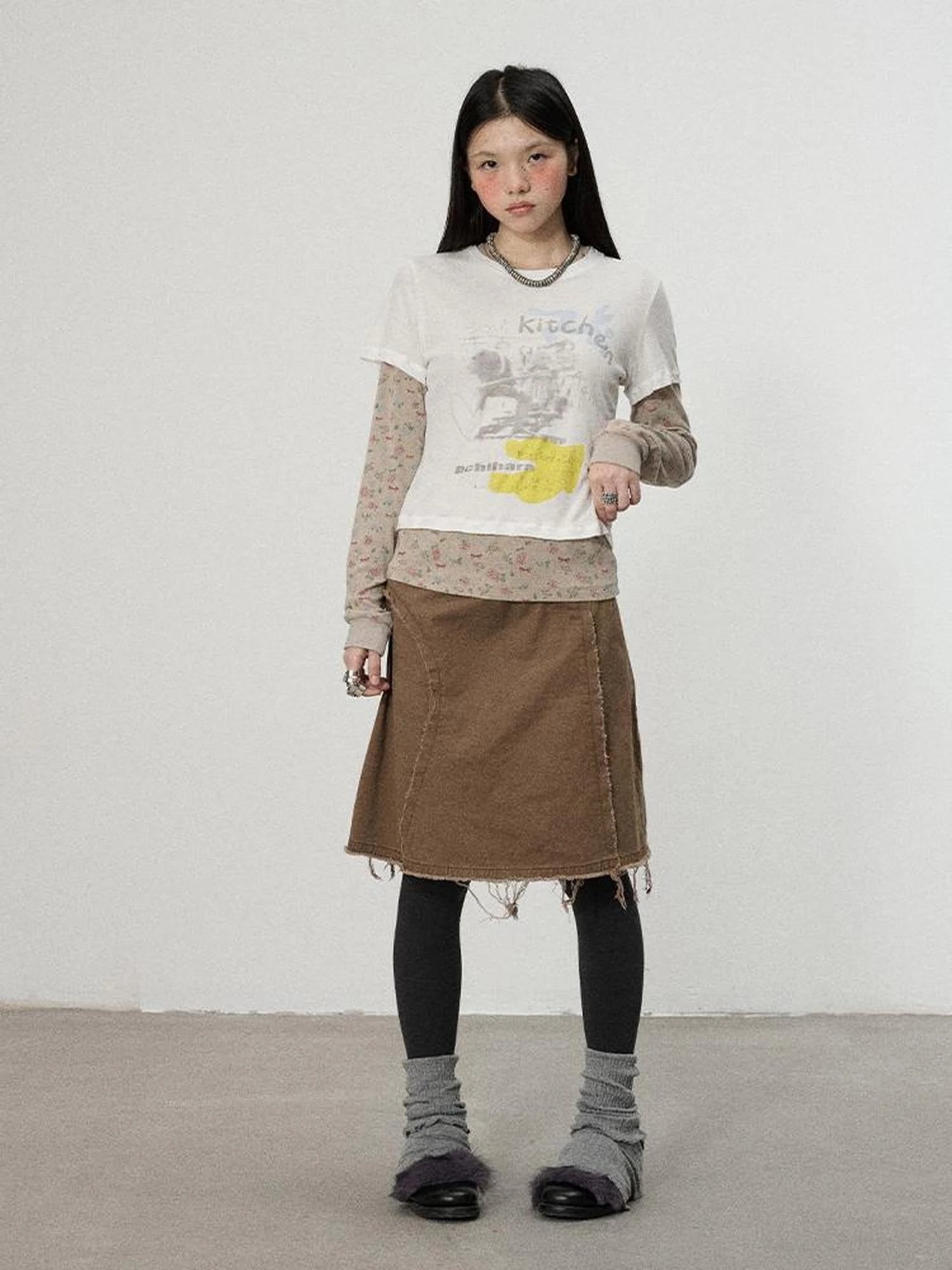 Two Piece Knit Set With Floral Print V-neck T-shirt Long Sleeve