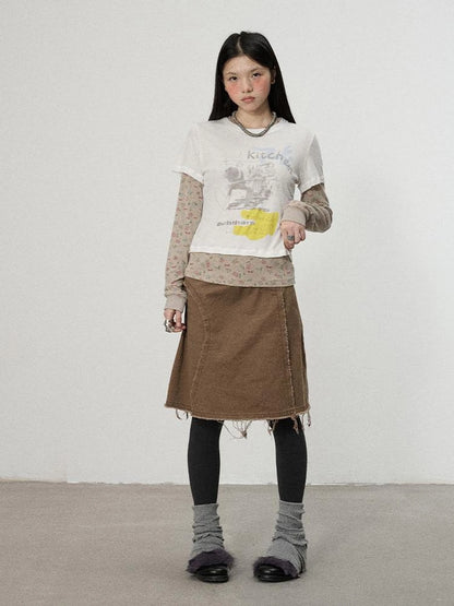 Two Piece Knit Set With Floral Print V-neck T-shirt Long Sleeve