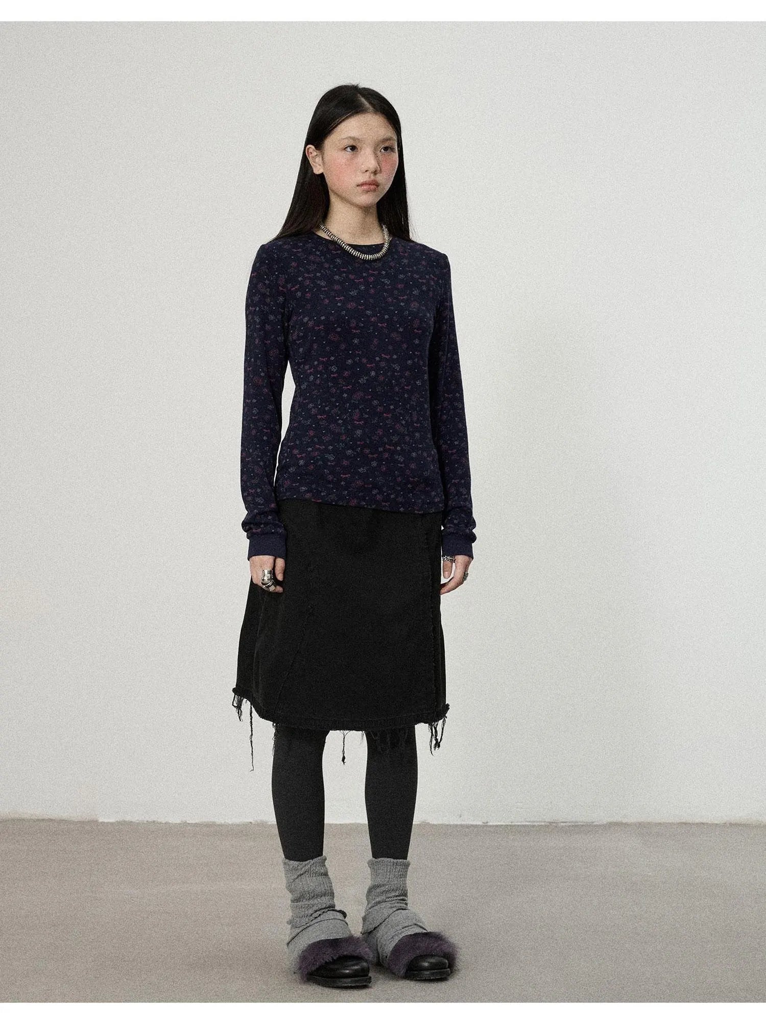Two Piece Knit Set With Floral Print V-neck T-shirt Long Sleeve
