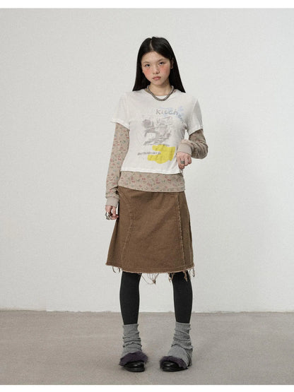 Two Piece Knit Set With Floral Print V-neck T-shirt Long Sleeve