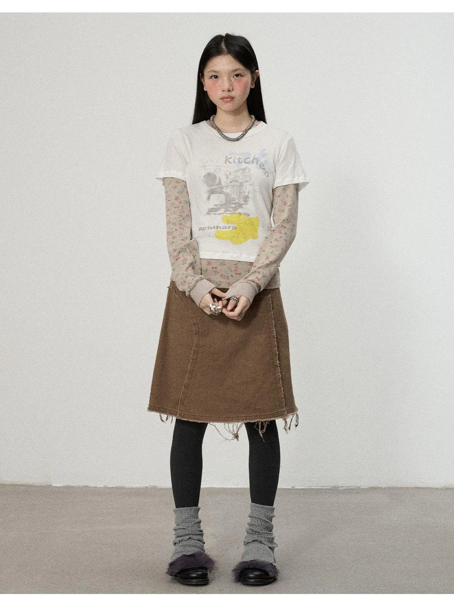 Two Piece Knit Set With Floral Print V-neck T-shirt Long Sleeve