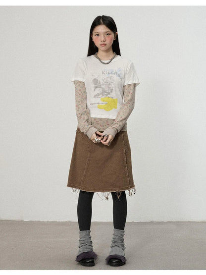 Two Piece Knit Set With Floral Print V-neck T-shirt Long Sleeve
