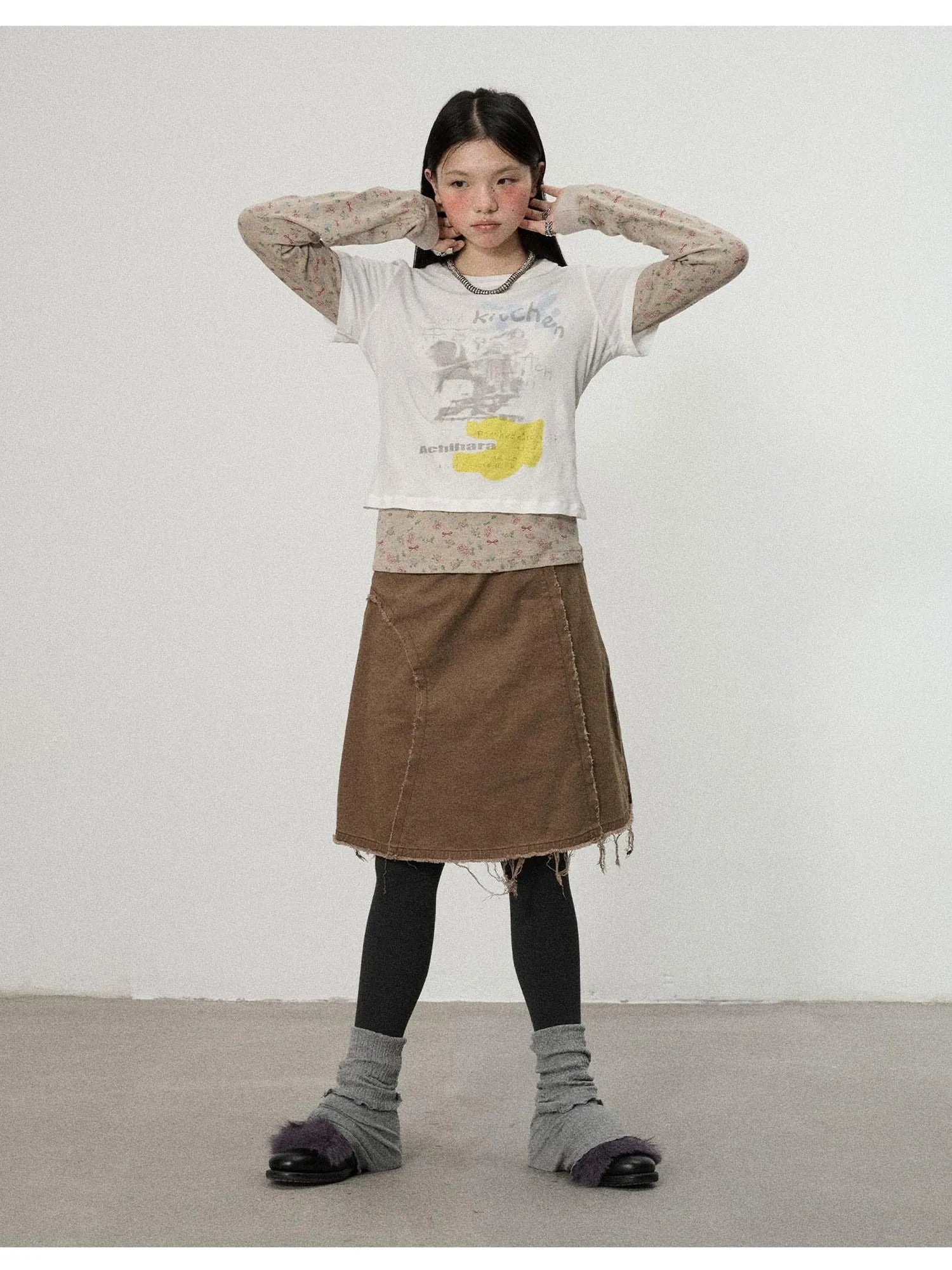 Two Piece Knit Set With Floral Print V-neck T-shirt Long Sleeve